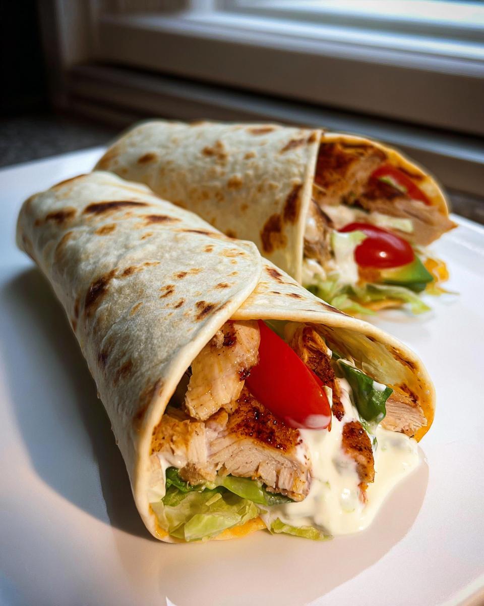 Zwei fertige Wraps mit Hähnchen, Salat und Joghurtsauce auf einem weißen Teller.
