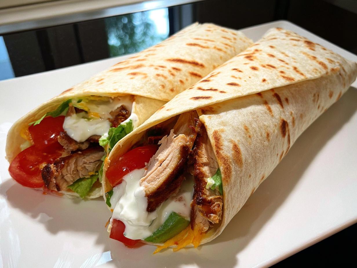 Zwei fertige Wraps mit Hähnchen, Salat, Tomaten und Joghurtsauce auf einem weißen Teller.