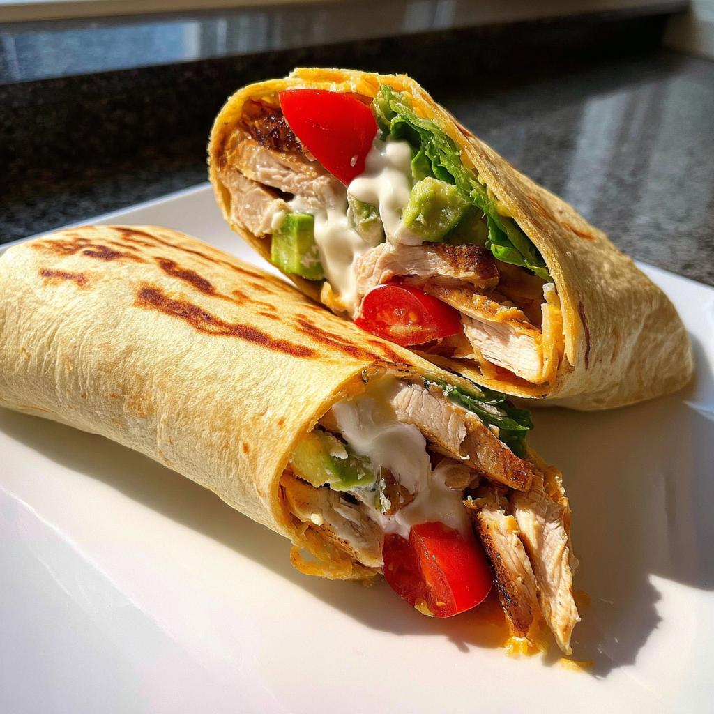 Zwei Hälften von Wraps mit Hähnchen, Salat & Joghurtsauce auf einem weißen Teller.