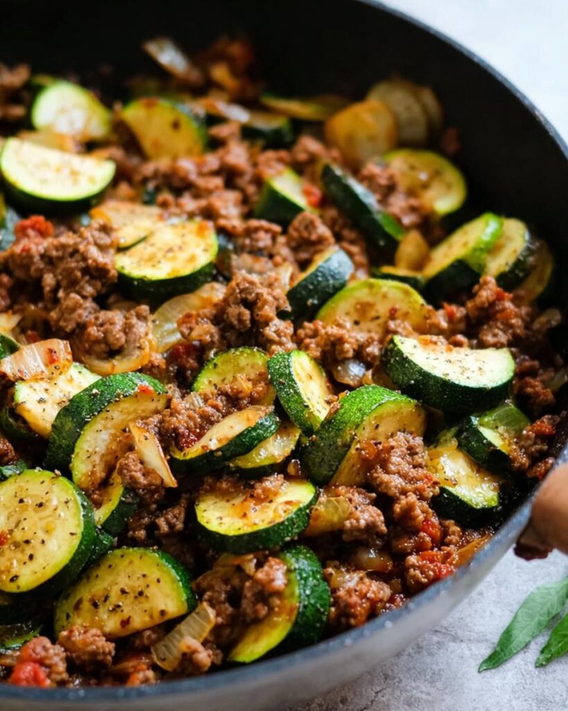 Nahaufnahme einer Zucchini-Hackfleisch-Pfanne Keto mit gebratenen Zucchinischeiben und Hackfleisch in einer dunklen Pfanne.