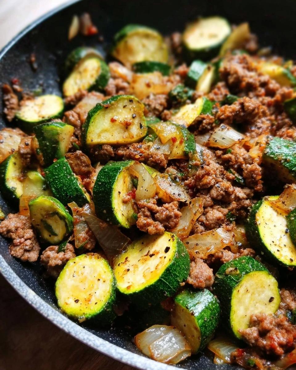 Nahaufnahme einer Zucchini-Hackfleisch-Pfanne Keto mit gebratenen Zucchinischeiben und Hackfleisch.