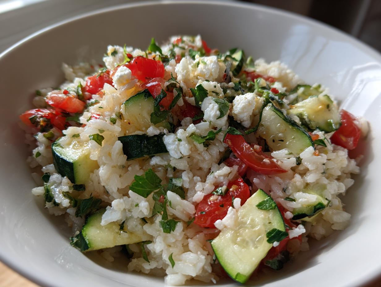 Nahaufnahme von Zucchini-Tomaten-Reis als Meal Prep mit Feta und frischen Kräutern in einer weißen Schüssel.