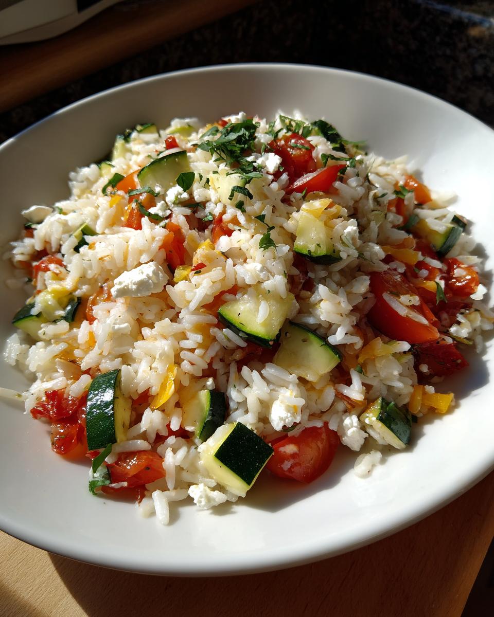 Eine Schale mit Zucchini-Tomaten-Reis als Meal Prep, garniert mit Feta und Kräutern.