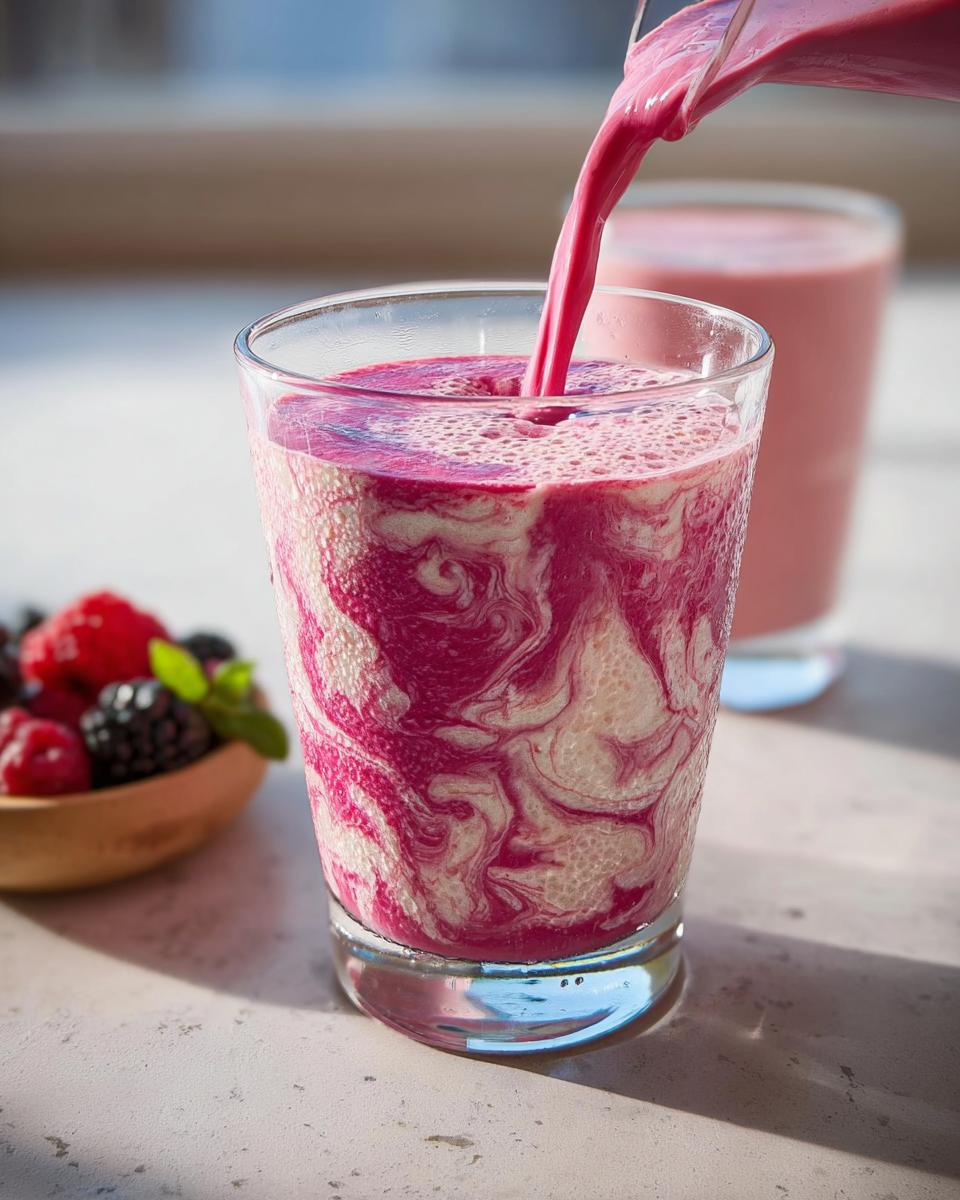 Zweifarbiger Smoothie mit rosa Beerenmuster wird in ein Glas gegossen, ideal für einen Süßer Smoothie für den Morgen.