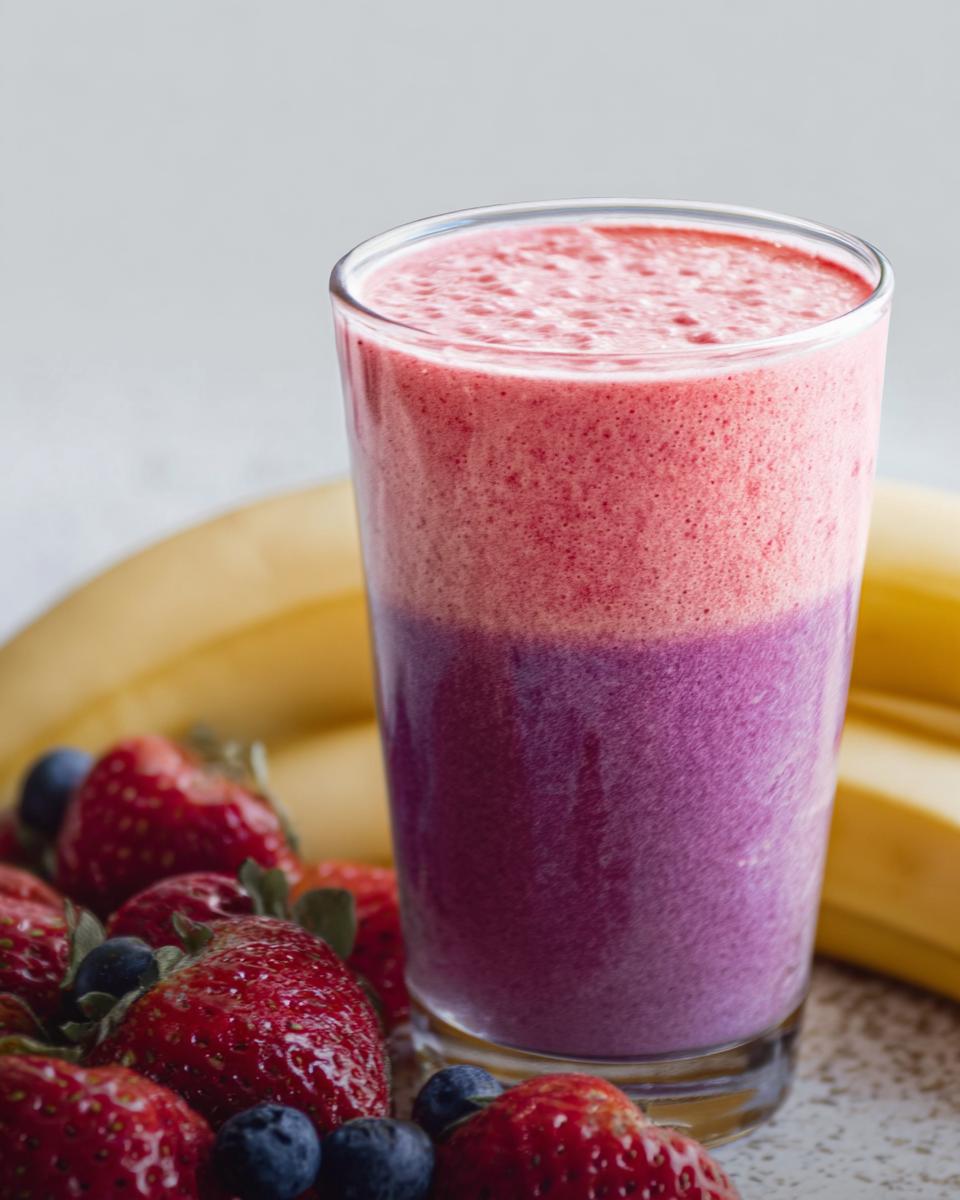 Ein hohes Glas mit einem zweischichtigen Smoothie mit Banane & Beeren, umgeben von frischen Erdbeeren und Blaubeeren.